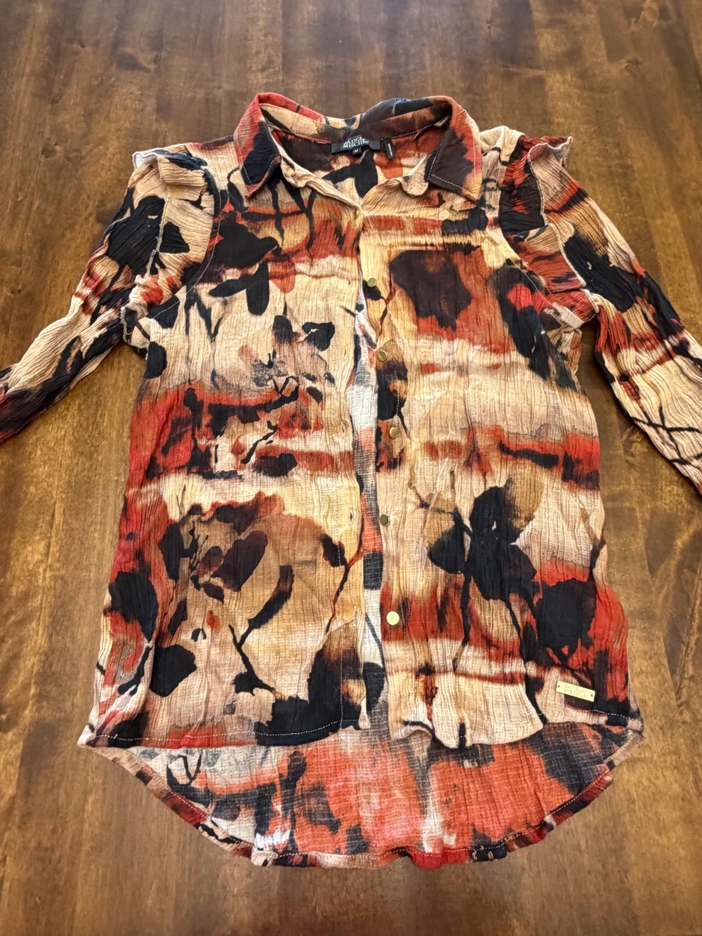 Womens Badgley Mischka Ruffle Ruched Floral Abstract Button Down Blouse M